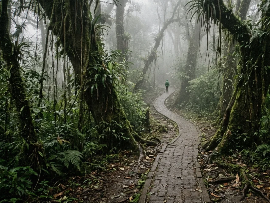 A misty trail between moss-draped trunks on a Monteverde cloud forest tour
